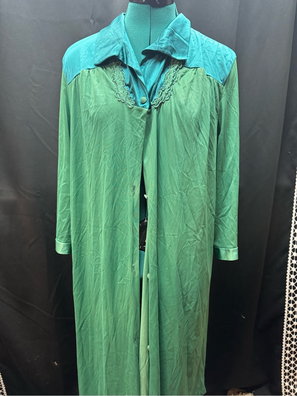 Vanity Fair Green Satin Long Robe with Teal Shoulder Detail